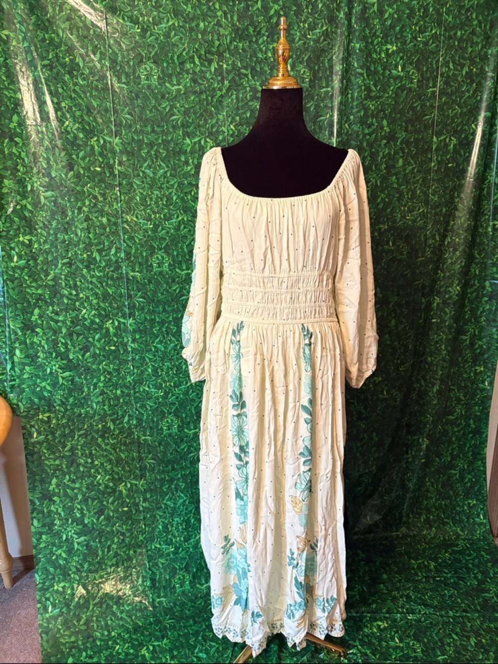LOFT Cream Maxi Dress with Teal Floral Panels